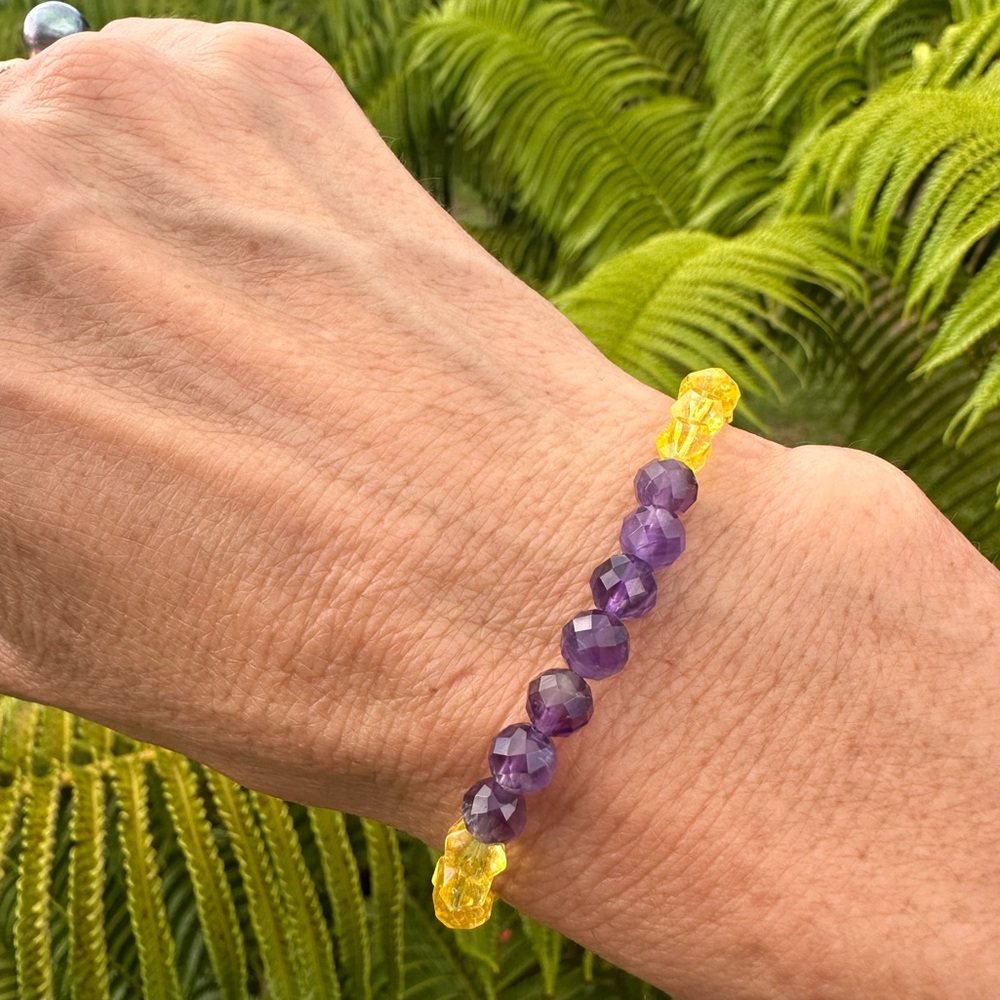 Faceted Citrine Amethyst Stretch 7”Bracelet Yellow Purple Beaded Crystal